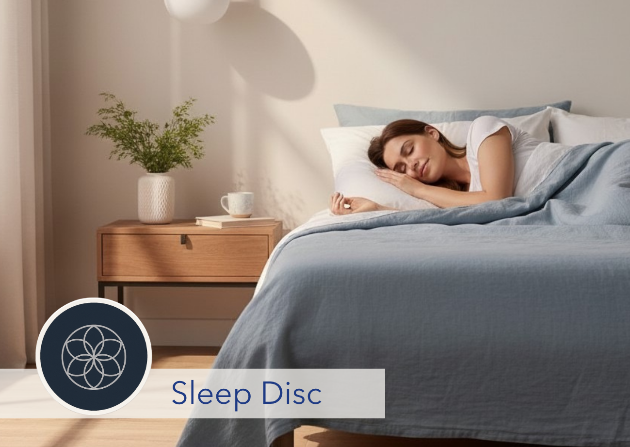Woman sleeping in a bed with a 'Sleep Disc' logo in the foreground